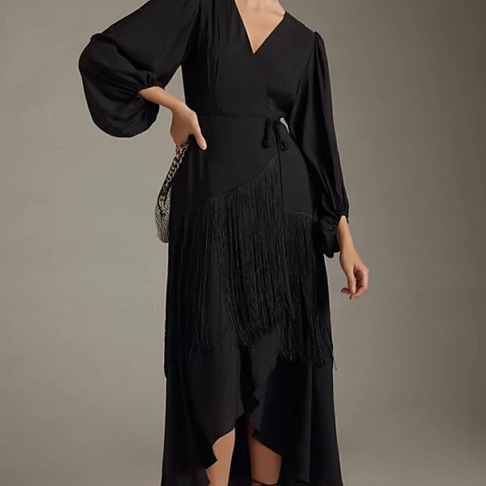 NWT ANTHROPOLOGIE FALL BLACK Fringe Wrap Dress By From Hutch STUNNIG XXS